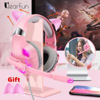 Pink Cat Ear Girls Gamer Headphones with Microphone For PC PS4 Playstation 5, Stereo Cell Phone Gaming Earphone Womens Headsets