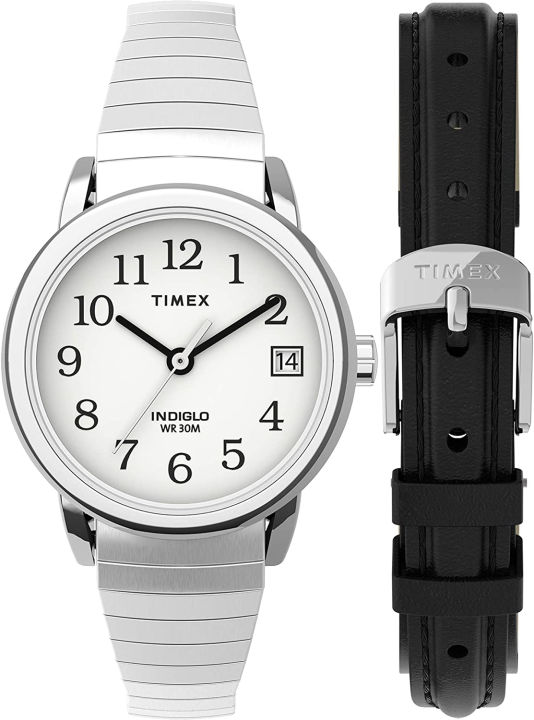 timex-womens-easy-reader-25mm-watch-box-set-silver-tone-case-white-dial-with-tapered-expansion-band-black-leather-strap