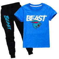 Mr Beast เสื้อยืดลายแมวสายฟ้าสำหรับเด็กผู้ชายชุดฤดูร้อนเสื้อยืดคอกลมสำหรับเด็กผู้หญิงแขนสั้นส่วนตัวใหม่เสื้อยืด + กางเกงขายาวเสื้อผ้ากีฬา1210b ชุดกีฬาแฟชั่นลำลอง