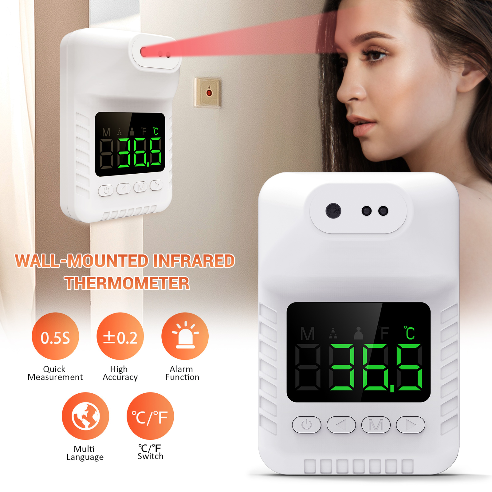 Wall-Mounted Thermometer Non-Contact K3-Plus Infrared Humans Forehead Gauge for Office Factory Shop School Restaurant 