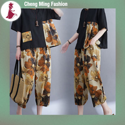 Cheng Ming ชุดสูทฤดูร้อนของผู้หญิง2ชิ้น,คร็อปแพนท์ขากว้างเสื้อพิมพ์ลายลำลองแขนขนาดใหญ่สั้น