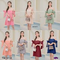 MM18734 เดรสสั้น แต่งโบว์แขน สม็อคหลัง .Short dress decorated with bow, sleeves, back smock..