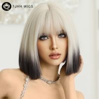 7JHH WIGS Short Straight Ombre Blonde Bob Wig for Women Daily Party Natural Fashion Synthetic Black Hair Wigs with Fluffy Bangs Wig  Hair Extensions P