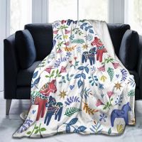 Flannel Fleece Throw Blanket for Couch, Floral Swedish Dala Horses Lightweight Plush Fuzzy Cozy Soft Blankets Throws Bed Sofa