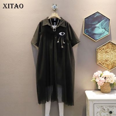 XITAO Dress Women Black Splicing Mesh Dress