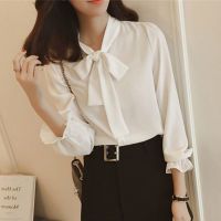 Women Bow Tie Ruffle Chiffon blouse Long Sleeve Office Lady Shirt