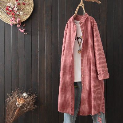 [Spot] new artistic retro large size loose cotton and linen vertical striped shirt Womens Mid-length coat shirt dress 2023