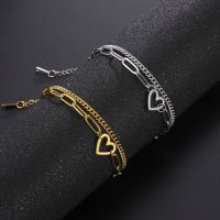 Heart Pendant Bracelet Paper Clip Chain Bracelet Stainless Steel Double Chain Bracelet for Women Couple Jewelry for Party Gift