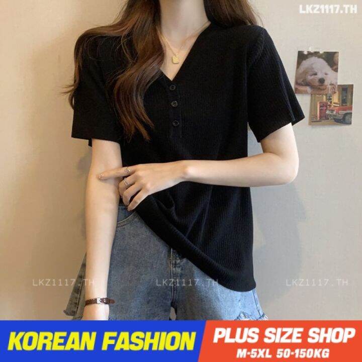 plus-size-เสื้อผ้าสาวอวบ-เสื้อยืดสาวอวบอ้วน-ไซส์ใหญ่-ผู้หญิง-เสื้อไหมพรม-ทรงหลวม-แขนสั้น-คอวี-สีดำ-ฤดูร้อน-สไตล์เกาหลีแฟชั่น-v728