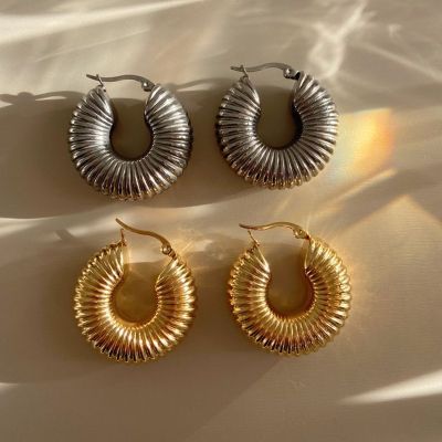 【YP】 Punk Chunky Round Tube C-Shaped Textured Hoop Earrings K Plated Jewelry New