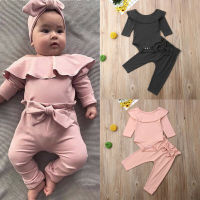 2Pcs Toddler Kids Baby Girl Ruffle Bodysuit Romper Top Solid Bowknot Pants Trousers Autumn Cotton Long Sleeve Outfit Clothes Set  by Hs2023