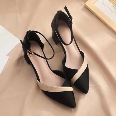 Sandals Fairy Style Chunky Heel 2023 New Spring and Summer All-Match Color Block Pointed Toe Mid Heel Fashion Ankle-Strap Buckle High Heels