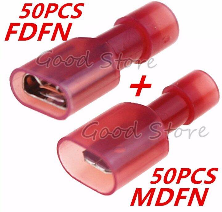 [HOT W] 100PCS 50ชุดสีแดง MDFN FDFN ไนลอนทองเหลืองชายหญิงชายฉนวน Spade