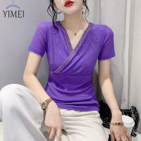 YIMEI เสื้อลายตาข่ายคอวีสำหรับผู้หญิง,ใหม่2023ฤดูใบไม้ผลิ/ฤดูร้อนเสื้อยืดประดับเพชรเหล็กกลวงแขนสั้นแฟชั่นของผู้หญิงใส่เข้ารูปพอดีลงไปเสื้อยืดผู้หญิงสวยๆ