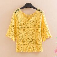 ♞▨ 2023 New Loose Short Five-point flared Sleeves Hollow out flower Sweater Female R2658