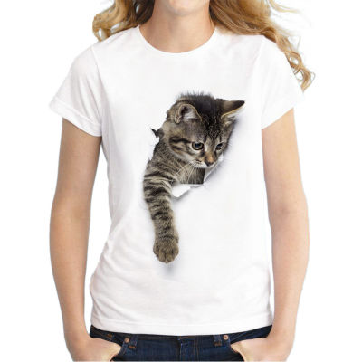 เสื้อยืดลายฤดูร้อนแขนสั้นเสื้อยืดลำลองแมว3D แฟชั่นสำหรับผู้หญิง