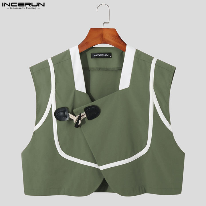 incerun-เสื้อแจ็คเก็ตแขนสั้นบุรุษหนึ่งปุ่มเสื้อครอปสั้น-punk-outwear-เสื้อ-สไตล์ตะวันตก