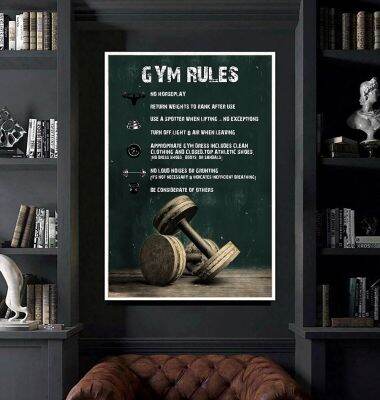 Dumbbell Gym Rules โปสเตอร์วินเทจ,ฟิตเนสยิมออกกำลังกายภาพวาด,เพาะกายน้ำหนักการฝึกอบรมผ้าใบฟิตเนส Decor