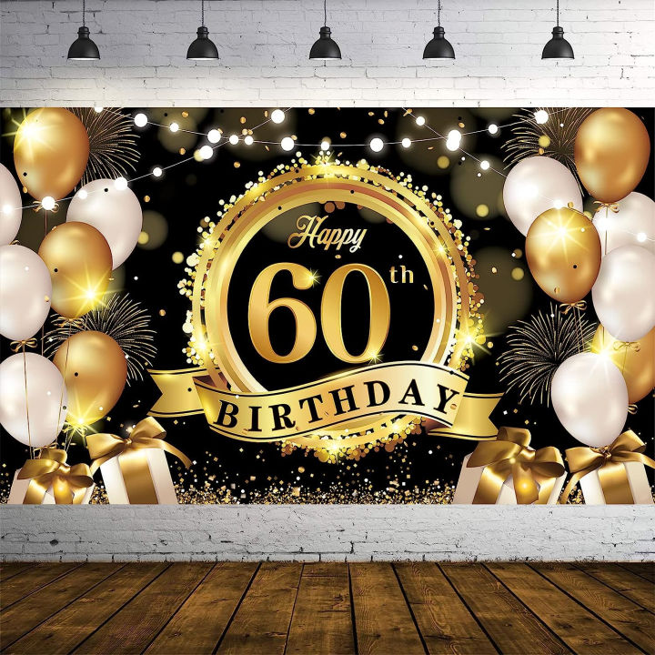 7x5ft Happy 60th Birthday Decoration Photography Backdrop Banner Black Gold Birthday Sign Poster