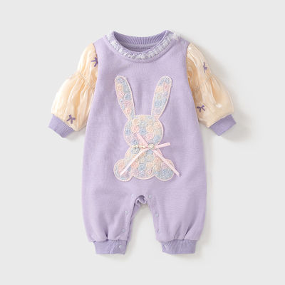 Esaberi baby girl clothing purple embroidered rabbit lace cotton splicing jumpsuit infant clothing fw1