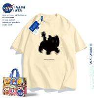 ✓❣♟ NASA การ์ตูนแมวฟัซซี่แมวสาวผ้าฝ้ายแขนสั้นไหล่ด้านหน้าเสื้อยืดฤดูร้อนน่ารักสบาย ๆ เสื้อยืดคู่รักชาย