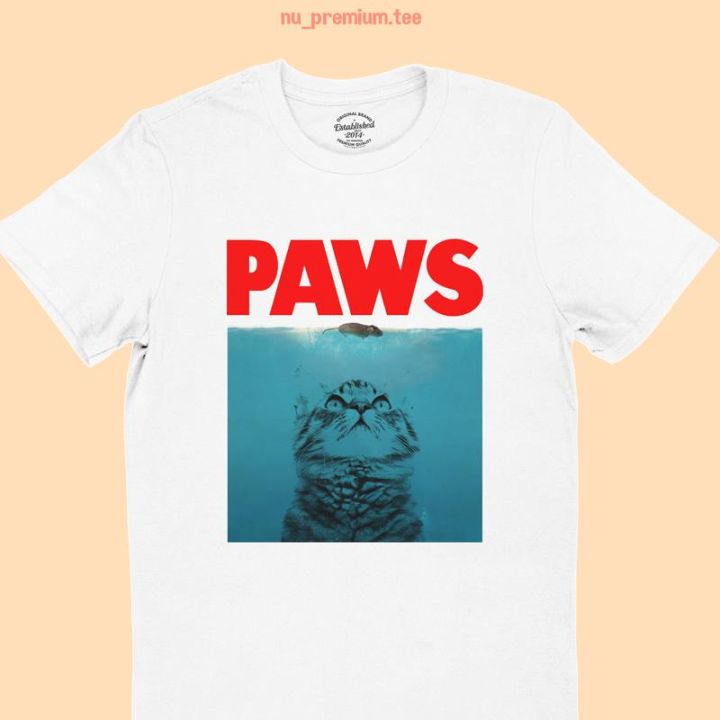 เสื้อยืดพิมพ์ลายแฟชั่นเสื้อยืดลาย-แมว-paws-แนวล้อเลียนหนังคลาสสิค-jaws-ไซส์-s-2xl-pvtt