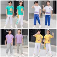 【LF】Kids ฤดูใบไม้ผลิชุดแฟชั่น Modal ผ้าไหมน้ำแข็ง100-170ซม.เสื้อยืดแขนสั้น + ชุด Jogger สำหรับฤดูใบไม้ผลิฤดูร้อน