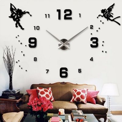 [24 Home Accessories] นาฬิกาอะคริลิคขนาดใหญ่47นิ้วมีกาวในตัวสติ๊กเกอร์เวลารูปนางฟ้านาฬิกาควอตซ์3D แบบ DIY Jam Tangan Digital สำหรับห้องนั่งเล่นตกแต่งบ้าน