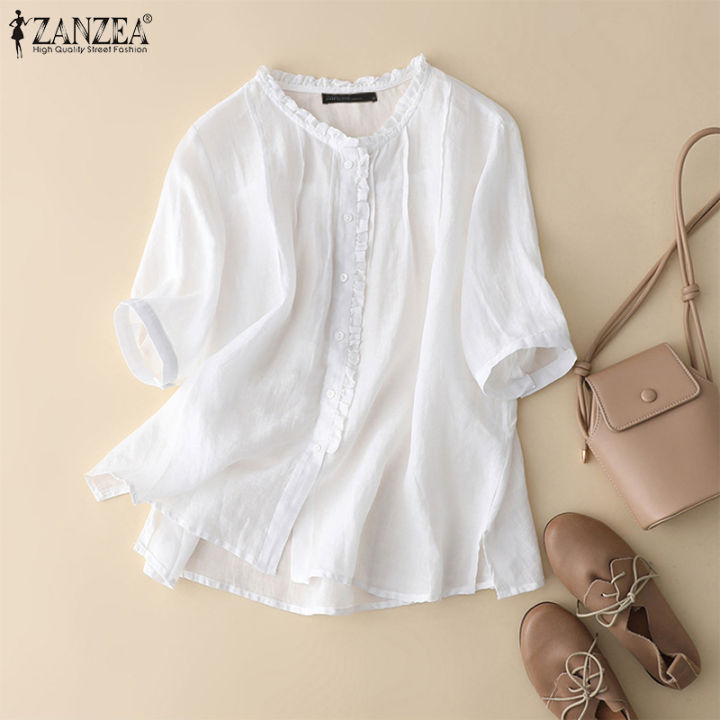 สินค้ามาใหม่-จัดส่งฟรี-fancystyle-zanzea-เสื้อเชิ้ตแต่งระบายแบบเรียบง่ายของผู้หญิงเสื้อมีกระดุมทรงหลวมผ้าคอตตอนเสื้อเบลาซ์สีพื้น-2