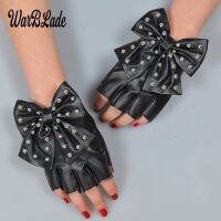 WarBLade Fashion Fingerless Gloves Womens Leather Ladies Luvas Dancing Show Big Bow Rivet Half finger Mittens