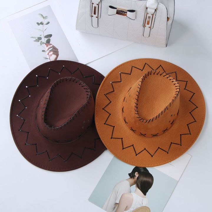 qiao-ชุดเดรสแฟนซีใช้ได้ทั้งชายและหญิง-หมวกขอบแจ๊สกว้างสไตล์ตะวันตกทรงปานามาหมวกคาวบอยหนังนิ่มหมวกเฟโดร่าสักกะหลาด