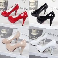 【Ready Stock】 ☬ C39 ○[10 cm 7 5 cm] waterproof platform high heels female stiletto round toe professional work shoes red wedding