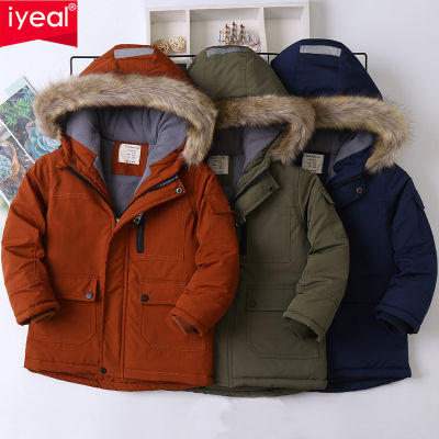 IYEAL Boys Coats Autumn Winter Fashion Hooded Fur Childrens Plus Velvet Warming Cotton Outerwear For Kids Jacket 5-14 Years