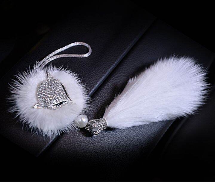 dfthrghd-car-crystal-bling-fox-plush-fur-tail-ball-pendant-animal-car-interior-decoration-rear-view-mirror-ornament-accessories-for-women