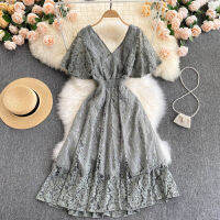 2021Summer RedBlueYellow Lace Dress Women Sexy V-Neck Short Sleeve High Waist A-Line Vestidos Female Elegant Vacation Beach Robe