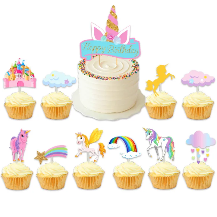 11pcs Cake Topper Set Fantasy Cute Cartoon Unicorn Theme Birthday Cake ...