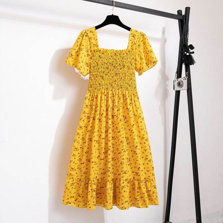 spring-summer-chiffon-women-dresses-female-short-sleeve-elastic-waist-printed-floral-midi-dress-pleated-backless-casual-dress