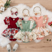 Infant Girls Ruffles Short Sleeve Floral Printed Romper Newborn Bowknot