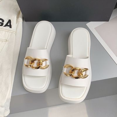 Hot sell Open Toe Chain Mid Heels Women Slippers Platform Shoes 2023 New Summer Sandals Fashion Beach Flip Flops Dress Slides Mujer Shoes