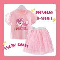 Girls Set Cartoon Lotso Printed Short-sleeved T-shirt Snow Mesh Tutu Dress 2pcs Kids Wearing