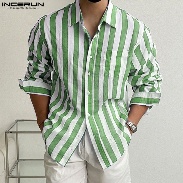 incerun-เสื้อปกลำลองลายทางสำหรับวันหยุดของแขนยาวสำหรับผู้ชาย-สไตล์เกาหลี