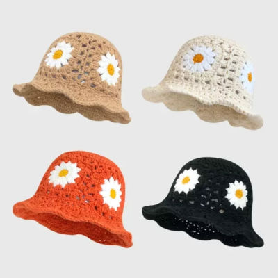 Fashionable Pot Hat Sun Protection Bucket Hat Flower Embellished Hat Handmade Beach Hat Knitted Bucket Hat
