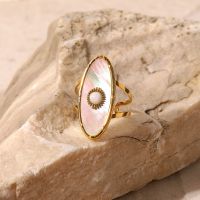 ✕▧ Uworld Vintage Oval Round Natural Shell Pearl 18K PVD Gold Plated Stainless Steel Opening Rings Women Jewelry Anillos Mujer