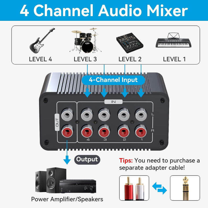 cmstedcd-audio-mixer-ultra-low-noise-4-channel-rca-l-r-line-levels-control-box-passive-mixer-rca-inputs-output-separate-volume-controls-for-small-club-bar-or-recording-studio-4-in-1-out-mix