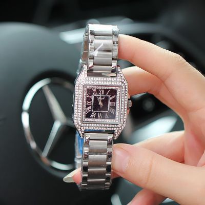 【Hot Sale】 Fashionable new authentic watch womens diamond-studded Roman surface starry sky steel belt quartz square trendy waterproof