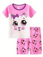 2pcs Toddler Girls Comfortable Pajamas Outfit Cute Cartoon Cat Graphic Crew Neck T-Shirt Top &amp; Elastic Waist Shorts Sleepwear