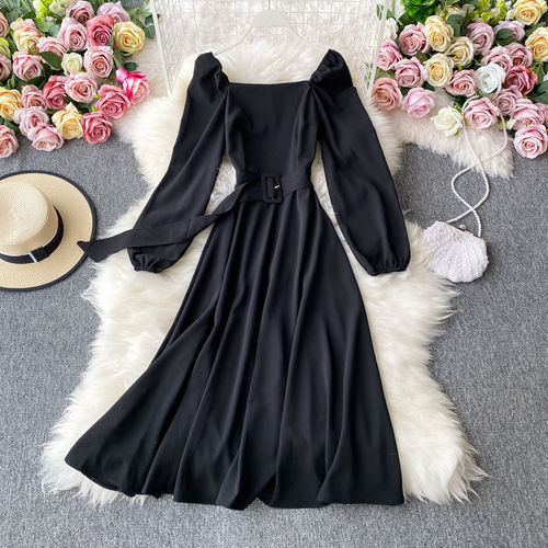 Autumn Vintage Solid Square Collar Elegant Fairy Dress A Line Full with Belt High Waist Mid-Calf Women Dress