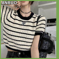 ANRUO เสื้อสเวตเตอร์แขนสั้นสำหรับผู้หญิง,เสื้อสเวตเตอร์แขนสั้นลายทางสีตัดกันฤดูใบไม้ผลิ2023ใหม่เสื้อยืดสั้นเข้ารูปพอดีสีแดงขนาดเล็ก