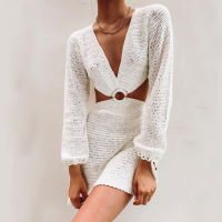 2021 Summer Dress Women Knitted Croset See Through Beach Dress Cut-Out Sexy Backless Long Sleeve White Dresses Woman Clothing