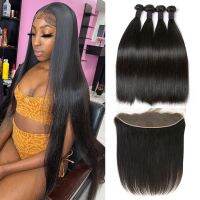 30 32 34 Inch Bone Straight 3 4 Bundles With Frontal 13x4 Transparent Lace Frontal Brazilian Human Hair Extensions For Women Wig  Hair Extensions  Pad